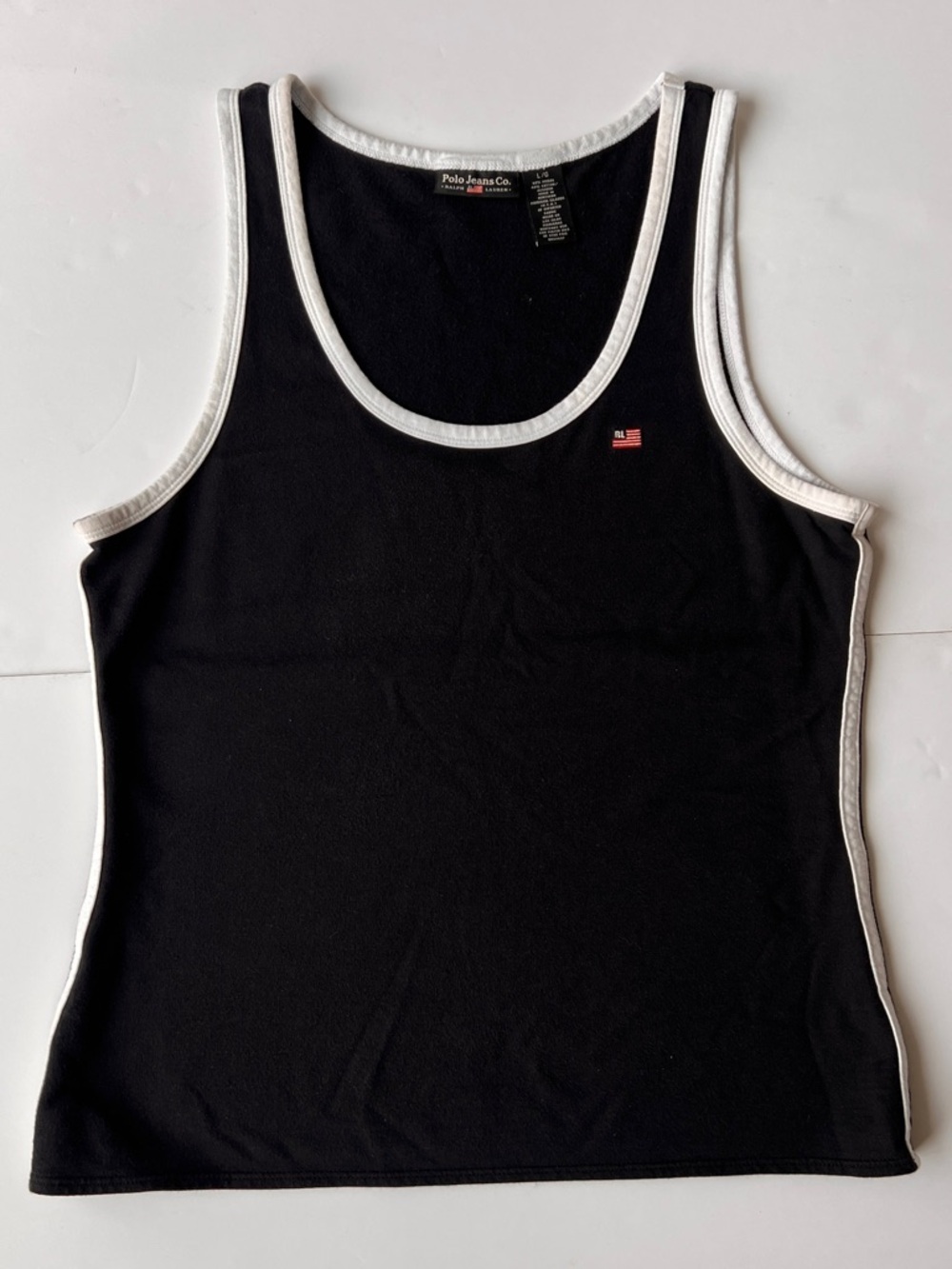 Vintage 90s Y2K Polo Jeans Co Tank Top Womens LARGE Shirt USA Made Black White